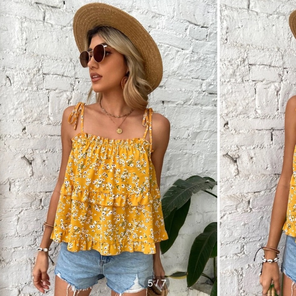 NWT Ditsy Floral Tie Shoulder Mustard Two Layer Ruffle Cami Top